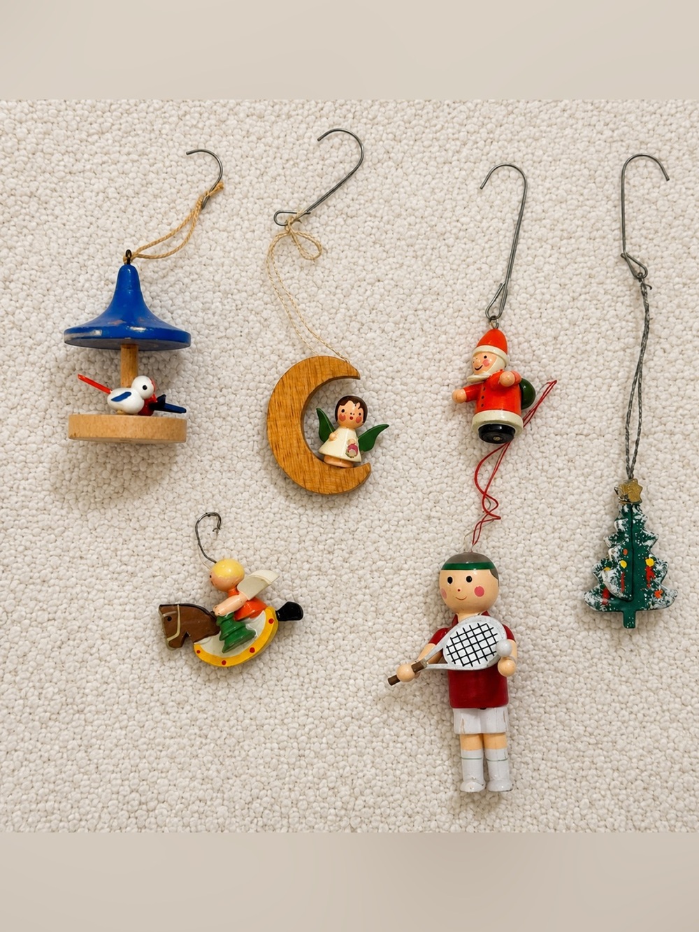 Vintage Lot Of 6 Wooden Christmas Ornaments Wood Painted Made In Germany